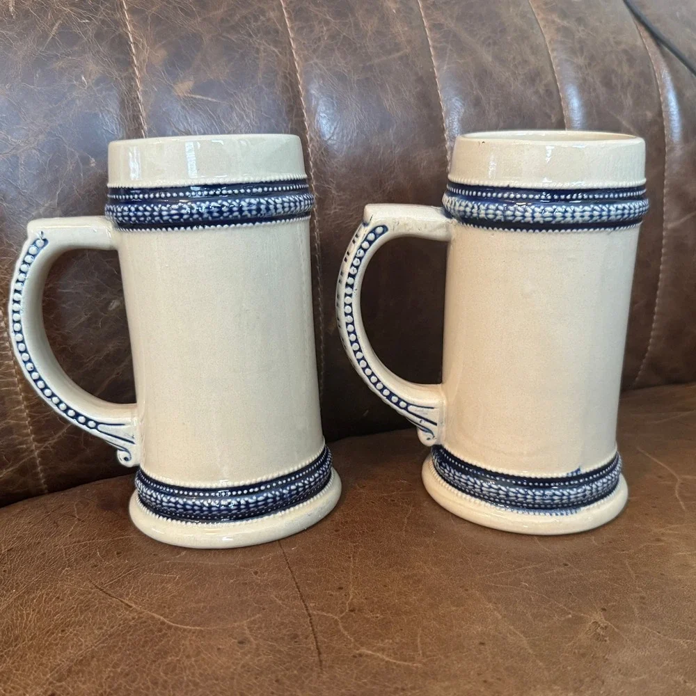 Hewlett Packard Enterprise HPE Beer Stein Mug Set of 2 Blue Beige Stoneware‎